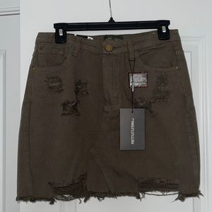 Khaki Distressed Rip Denim Skirt